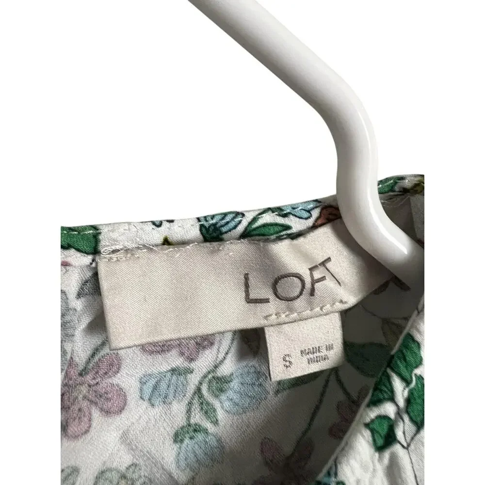 LOFT Blouse Womens Small White Floral Print Long Sleeve Puff Sleeve Boho Top